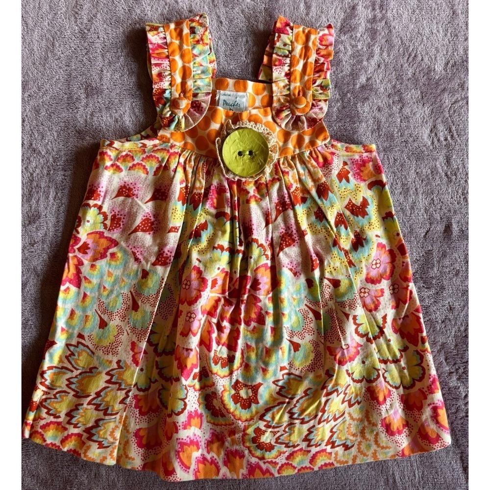 Peaches n Cream Girls Floral Polka Dot Ruffle Tunic Dress Orange Yellow 25-1405